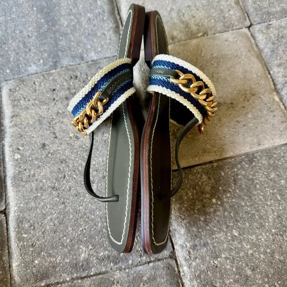Tory Burch Mini Benton Gold Chain Band Flat Sandals Poblano Yonder Leather 6M