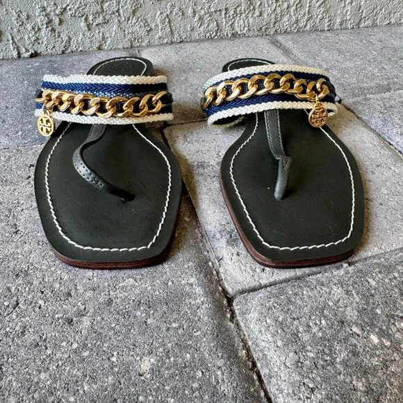 Tory Burch Mini Benton Gold Chain Band Flat Sandals Poblano Yonder Leather 6M