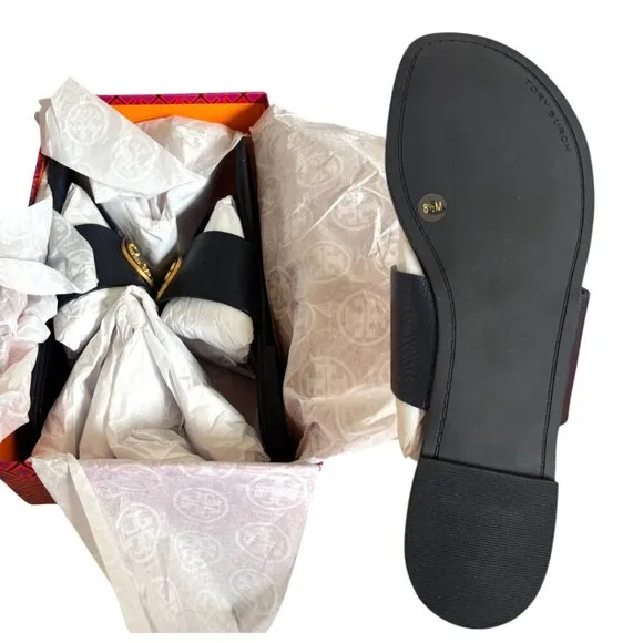 TORY BURCH NAVY BLUE LEATHER LOGO BENTON FLATS SANDALS 8.5 NIB