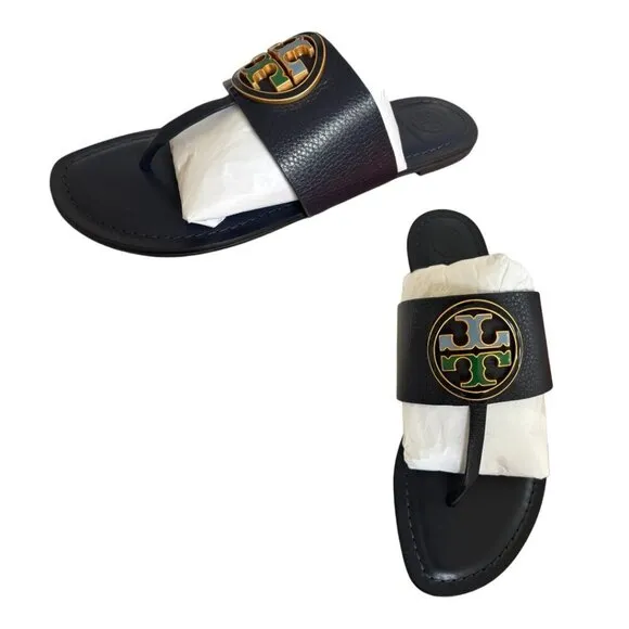TORY BURCH NAVY BLUE LEATHER LOGO BENTON FLATS SANDALS 8.5 NIB