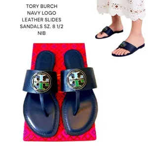 TORY BURCH NAVY BLUE LEATHER LOGO BENTON FLATS SANDALS 8.5 NIB