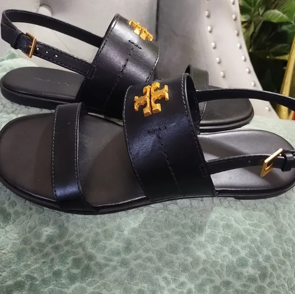 Tory Burch NWOT Vanchetta Leather Mini Everly Back Strap Flat  Black Size 9