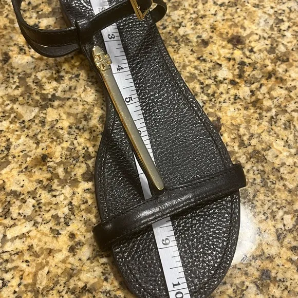 TORY BURCH Pacey Gold T Bar Black Ankle Strap Sandals Size 9.5
