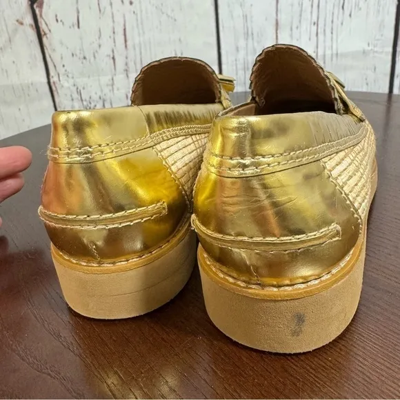 TORY BURCH Raffia &amp; Metallic Gold Leather Trims Loafers in size 6 New