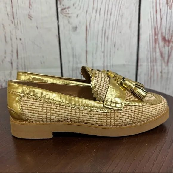 TORY BURCH Raffia &amp; Metallic Gold Leather Trims Loafers in size 6 New