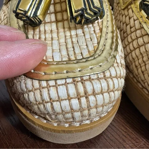 TORY BURCH Raffia &amp; Metallic Gold Leather Trims Loafers in size 6 New