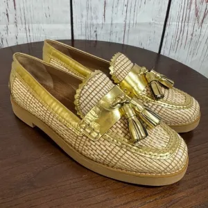 TORY BURCH Raffia &amp; Metallic Gold Leather Trims Loafers in size 6 New