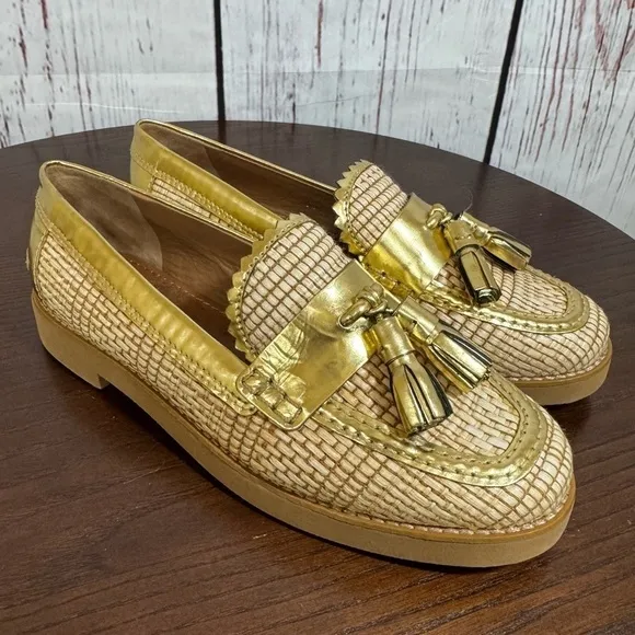 TORY BURCH Raffia &amp; Metallic Gold Leather Trims Loafers in size 6 New
