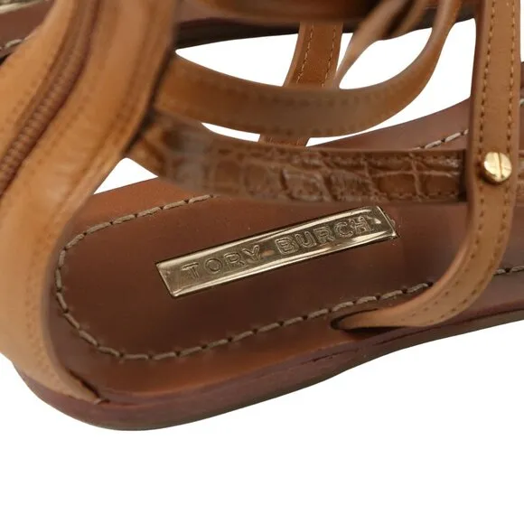 Tory Burch Reggie Gladiator Flat Sandals Brown Leather Croc Embossed 7.5