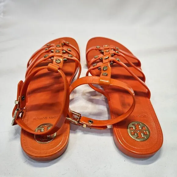 Tory Burch Reggie Gladiator Sandals Size 8 Orange Studded Bohemian Strappy Flat