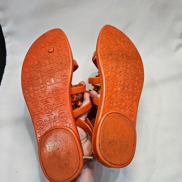 Tory Burch Reggie Gladiator Sandals Size 8 Orange Studded Bohemian Strappy Flat