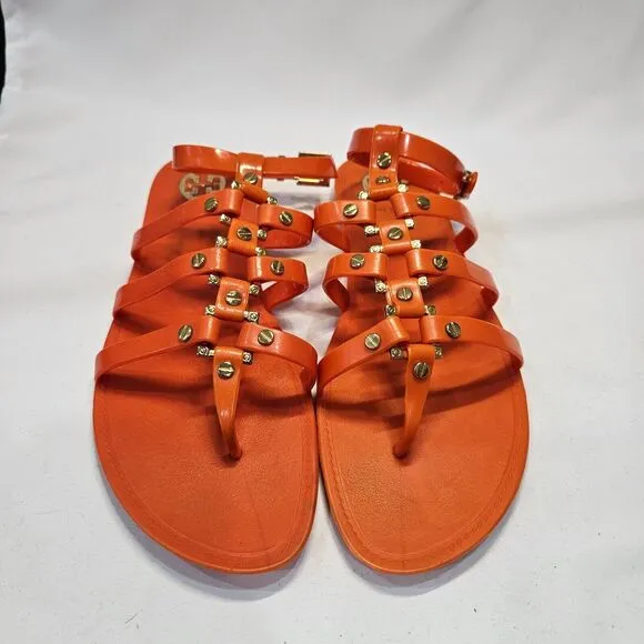Tory Burch Reggie Gladiator Sandals Size 8 Orange Studded Bohemian Strappy Flat