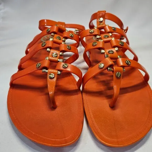 Tory Burch Reggie Gladiator Sandals Size 8 Orange Studded Bohemian Strappy Flat