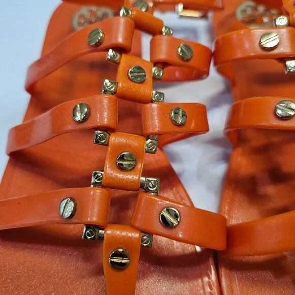 Tory Burch Reggie Gladiator Sandals Size 8 Orange Studded Bohemian Strappy Flat