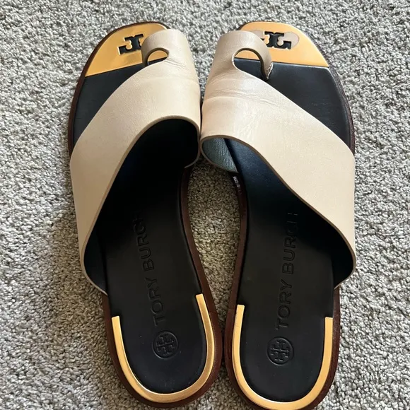 Tory Burch Selby Toe Ring Slides Womens Size 10 Leather Flat Sandals