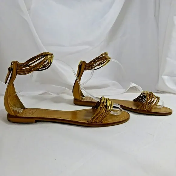 Tory Burch Size 10 Leather Sandals Toe &amp; Ankle Straps Zip Up Ankle Back