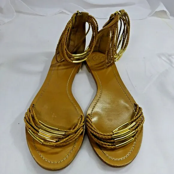 Tory Burch Size 10 Leather Sandals Toe &amp; Ankle Straps Zip Up Ankle Back
