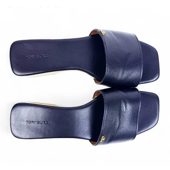 Tory Burch Slide On Sandal Pascal Black Sz 8 Wood &amp; Pebbled Leather Gold Logo