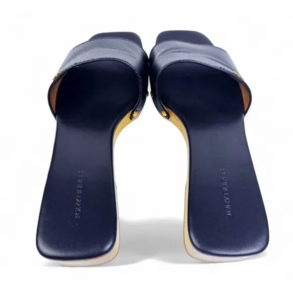 Tory Burch Slide On Sandal Pascal Black Sz 8 Wood &amp; Pebbled Leather Gold Logo
