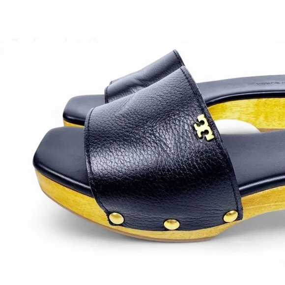 Tory Burch Slide On Sandal Pascal Black Sz 8 Wood &amp; Pebbled Leather Gold Logo