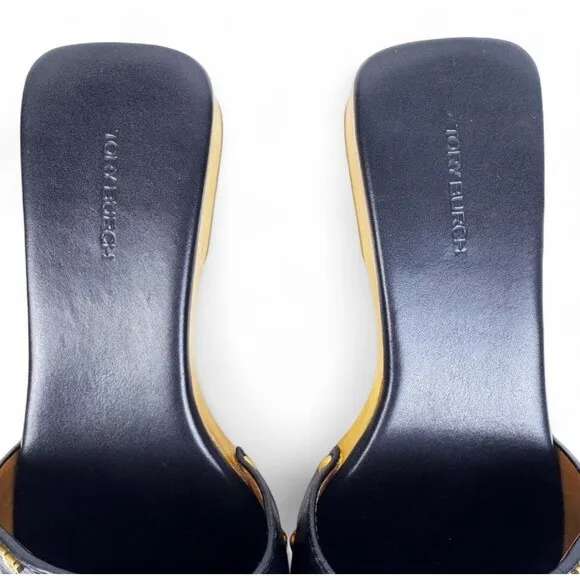 Tory Burch Slide On Sandal Pascal Black Sz 8 Wood &amp; Pebbled Leather Gold Logo