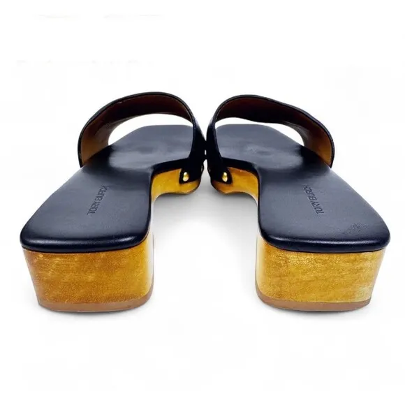 Tory Burch Slide On Sandal Pascal Black Sz 8 Wood &amp; Pebbled Leather Gold Logo