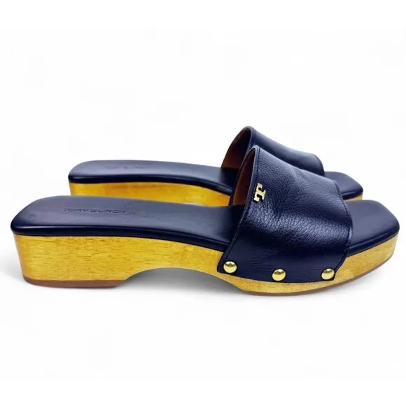 Tory Burch Slide On Sandal Pascal Black Sz 8 Wood &amp; Pebbled Leather Gold Logo