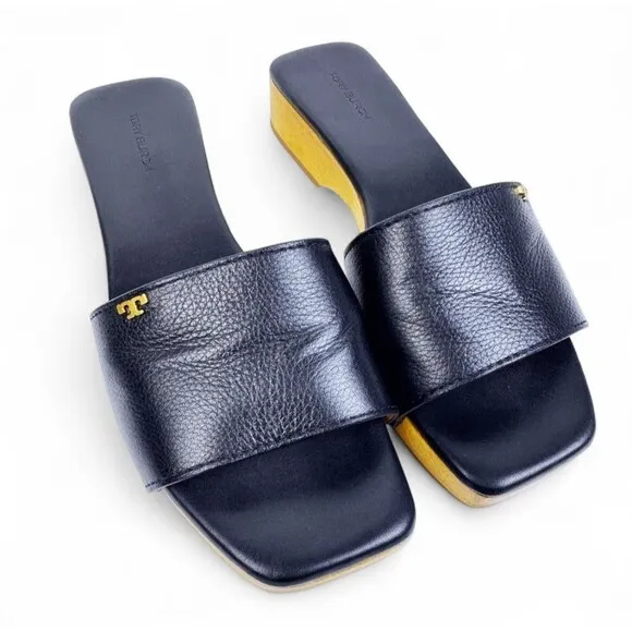 Tory Burch Slide On Sandal Pascal Black Sz 8 Wood &amp; Pebbled Leather Gold Logo