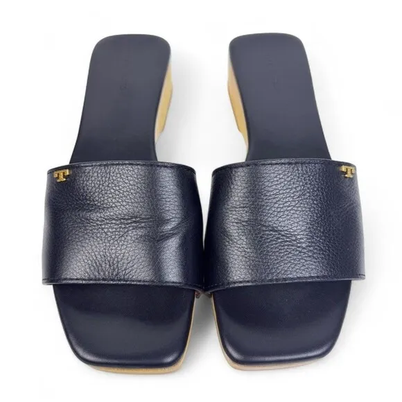 Tory Burch Slide On Sandal Pascal Black Sz 8 Wood &amp; Pebbled Leather Gold Logo
