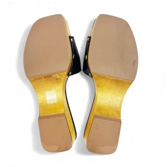 Tory Burch Slide On Sandal Pascal Black Sz 8 Wood &amp; Pebbled Leather Gold Logo