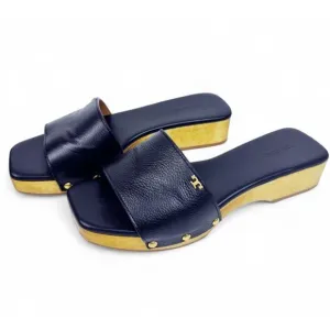 Tory Burch Slide On Sandal Pascal Black Sz 8 Wood &amp; Pebbled Leather Gold Logo