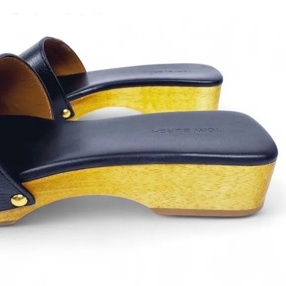 Tory Burch Slide On Sandal Pascal Black Sz 8 Wood &amp; Pebbled Leather Gold Logo