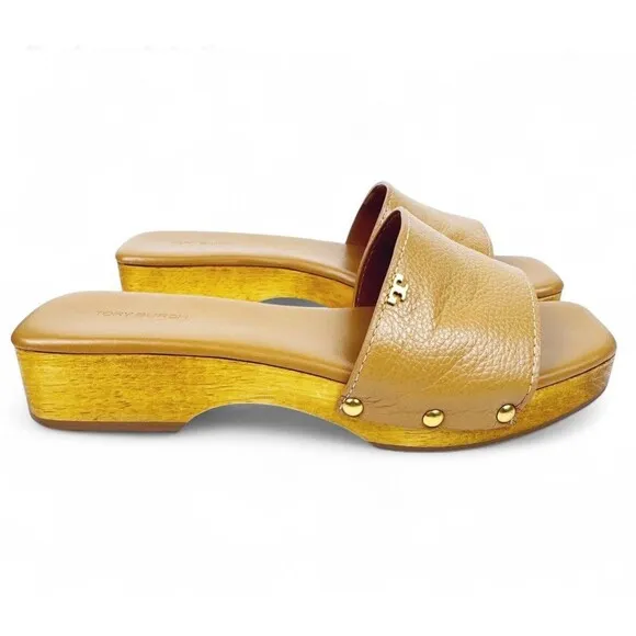 Tory Burch Slide On Sandal Pascal Tan Sz 8 Wood &amp; Pebbled Leather Gold Logo