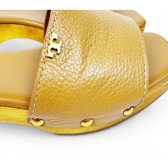 Tory Burch Slide On Sandal Pascal Tan Sz 8 Wood &amp; Pebbled Leather Gold Logo