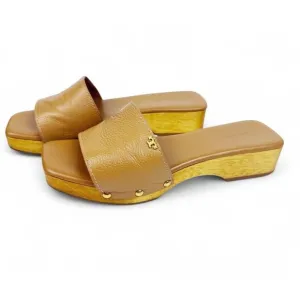 Tory Burch Slide On Sandal Pascal Tan Sz 8 Wood &amp; Pebbled Leather Gold Logo
