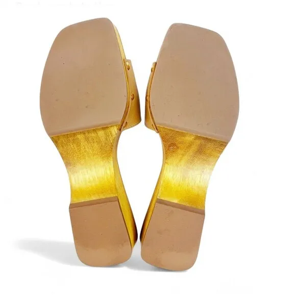 Tory Burch Slide On Sandal Pascal Tan Sz 8 Wood &amp; Pebbled Leather Gold Logo