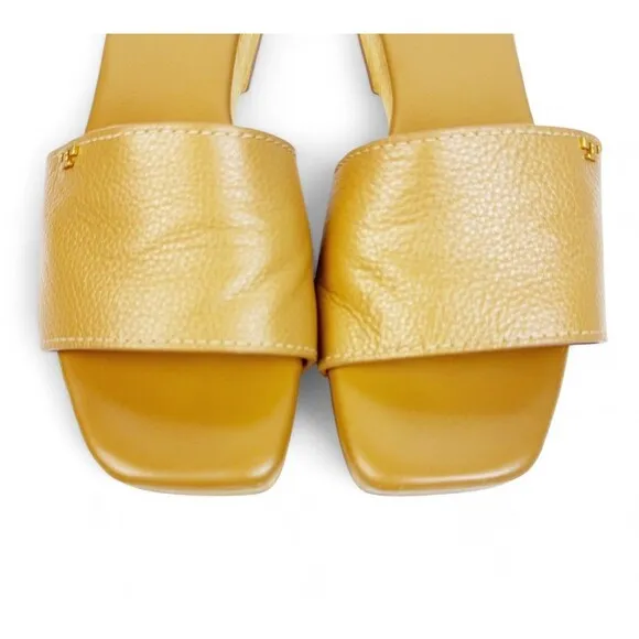 Tory Burch Slide On Sandal Pascal Tan Sz 8 Wood &amp; Pebbled Leather Gold Logo