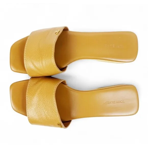 Tory Burch Slide On Sandal Pascal Tan Sz 8 Wood &amp; Pebbled Leather Gold Logo