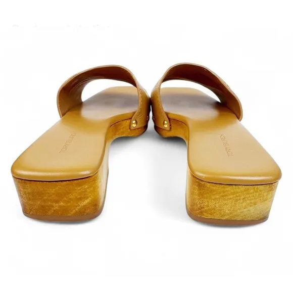 Tory Burch Slide On Sandal Pascal Tan Sz 8 Wood &amp; Pebbled Leather Gold Logo