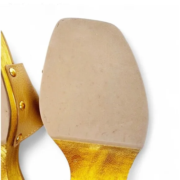 Tory Burch Slide On Sandal Pascal Tan Sz 8 Wood &amp; Pebbled Leather Gold Logo