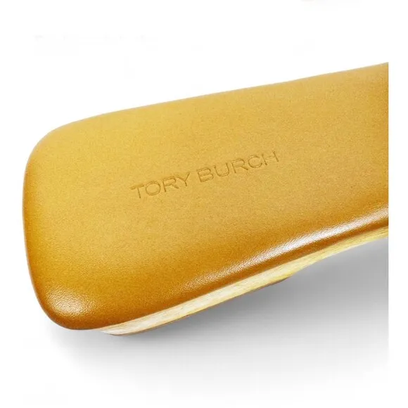 Tory Burch Slide On Sandal Pascal Tan Sz 8 Wood &amp; Pebbled Leather Gold Logo