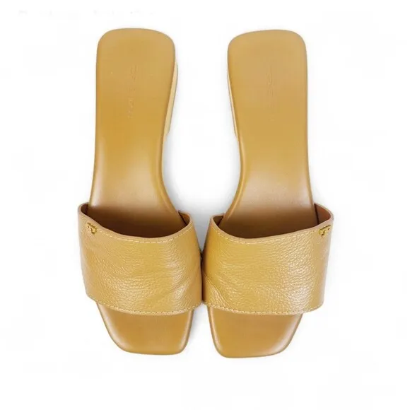 Tory Burch Slide On Sandal Pascal Tan Sz 8 Wood &amp; Pebbled Leather Gold Logo