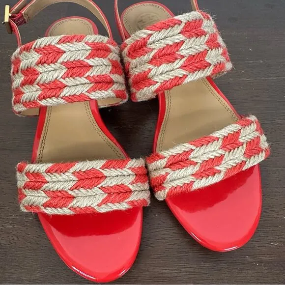 TORY BURCH Sz 6 Lola Jute &amp; Leather Slingback Flat Sandals Poppy Orange/Natural
