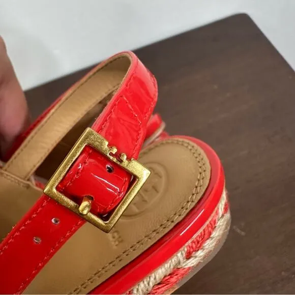 TORY BURCH Sz 6 Lola Jute &amp; Leather Slingback Flat Sandals Poppy Orange/Natural