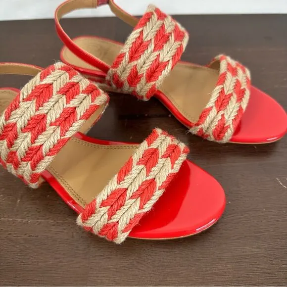 TORY BURCH Sz 6 Lola Jute &amp; Leather Slingback Flat Sandals Poppy Orange/Natural