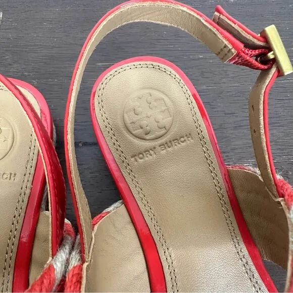 TORY BURCH Sz 6 Lola Jute &amp; Leather Slingback Flat Sandals Poppy Orange/Natural