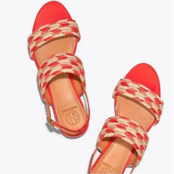 TORY BURCH Sz 6 Lola Jute &amp; Leather Slingback Flat Sandals Poppy Orange/Natural