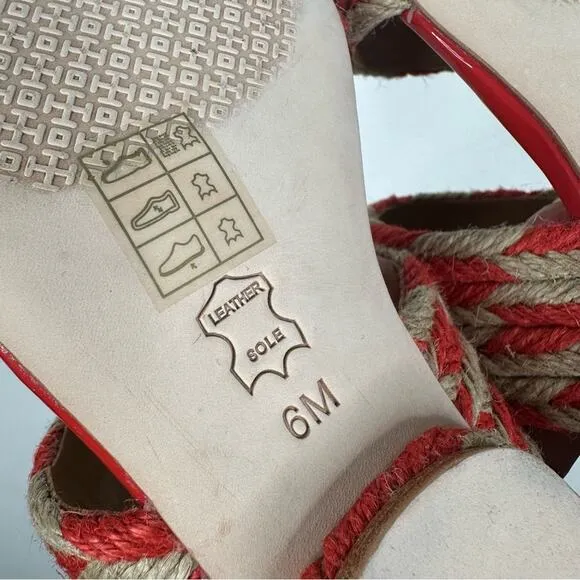TORY BURCH Sz 6 Lola Jute &amp; Leather Slingback Flat Sandals Poppy Orange/Natural