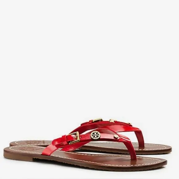 Tory Burch Women’s Flat Thong Patent Saffiano sandals Masai-Red(orange red)Sz 8