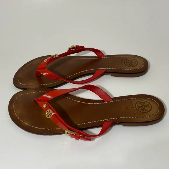 Tory Burch Women’s Flat Thong Patent Saffiano sandals Masai-Red(orange red)Sz 8